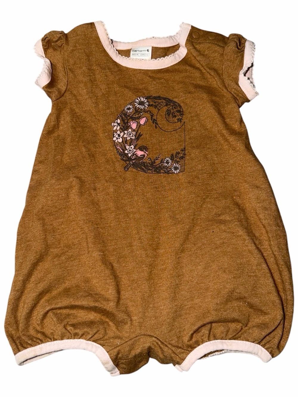 Carhartt Brown Short-Sleeve Floral Logo Romper with Pink Trim